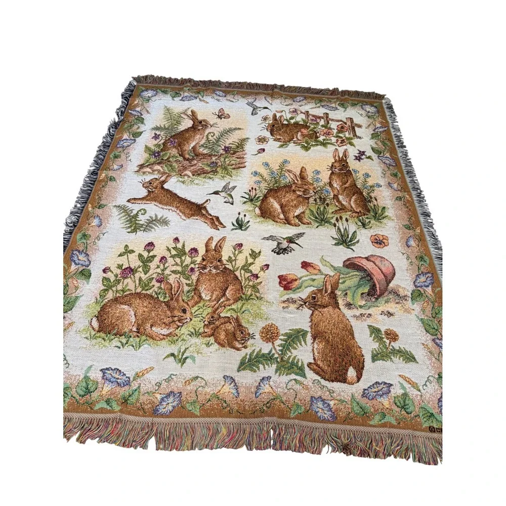 Crown Crafts Woven Tapestry Throw Blanket Rabbit Hummingbird Floral Made in USA